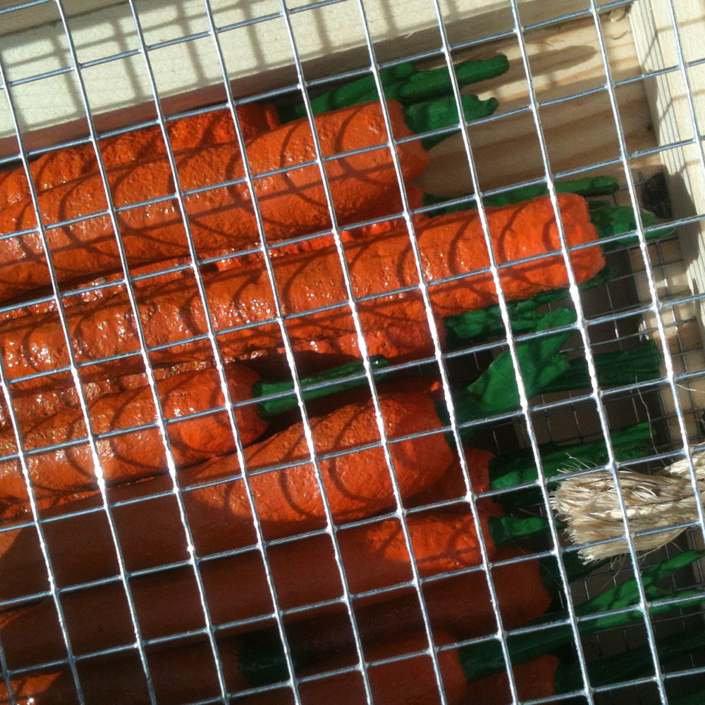 Orange painted cast iron carrots inside a wooden crate.