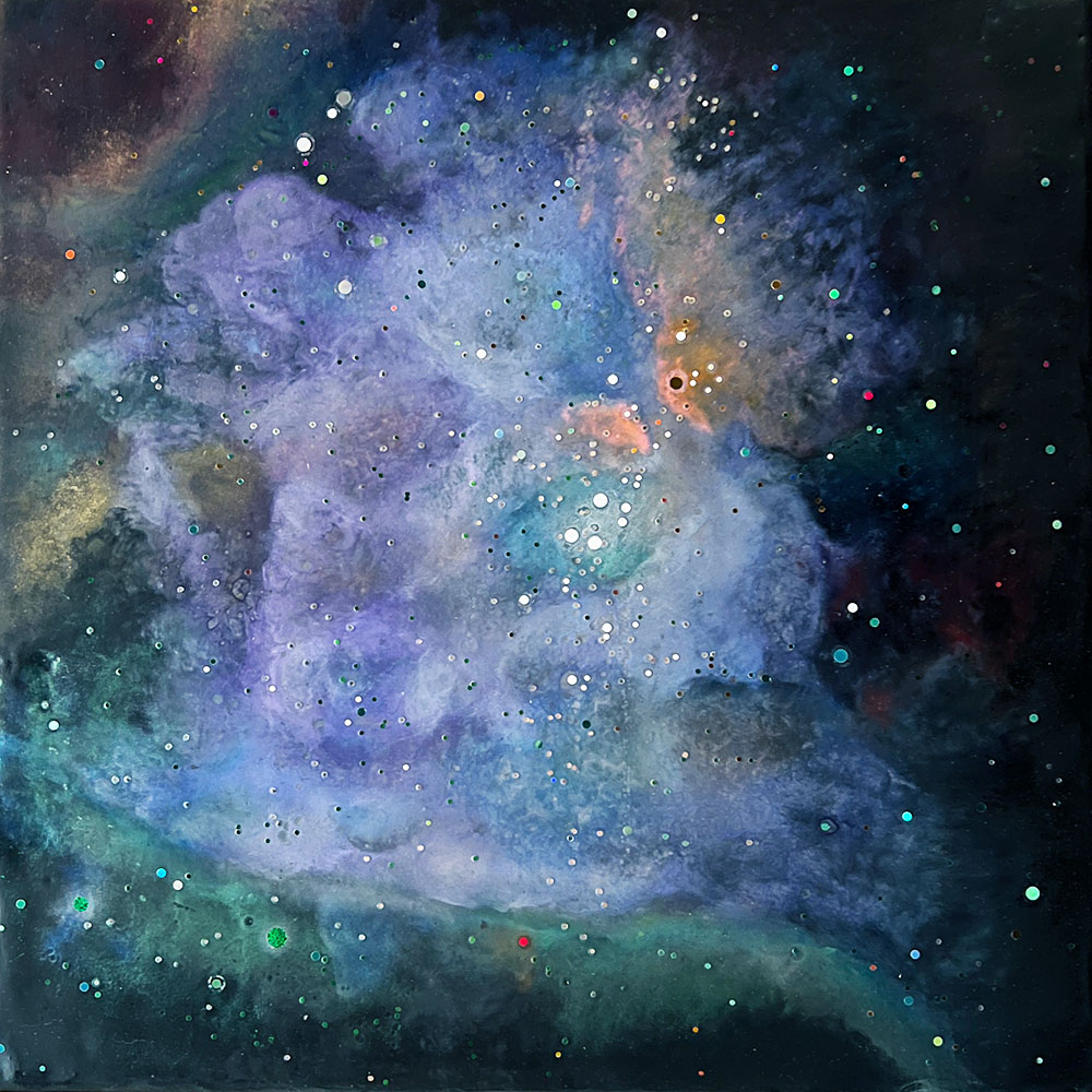 wax painting of the Orion Nebula with glitter stars